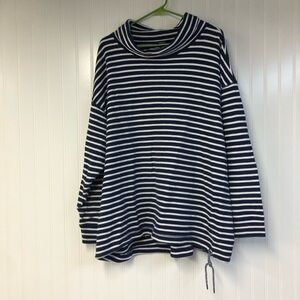Lands End Striped Navy and White Pullover Waffle Knit Sweatshirt 2X Cowlneck